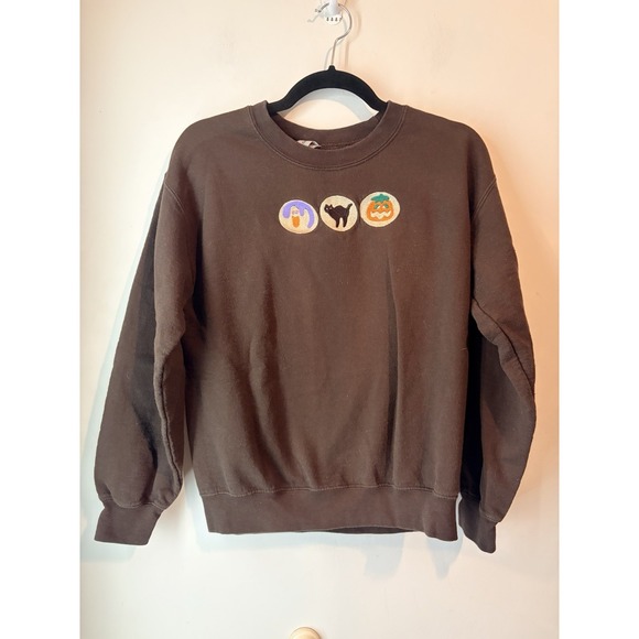 Gildan Tops - Halloween Sweatshirt Small Black Ghost Cat Pumpkin Embroidered Crewneck Small